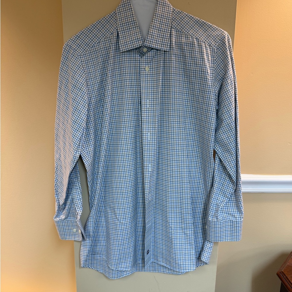 David Donahue Blue and White Micro-Check Dress Shirt